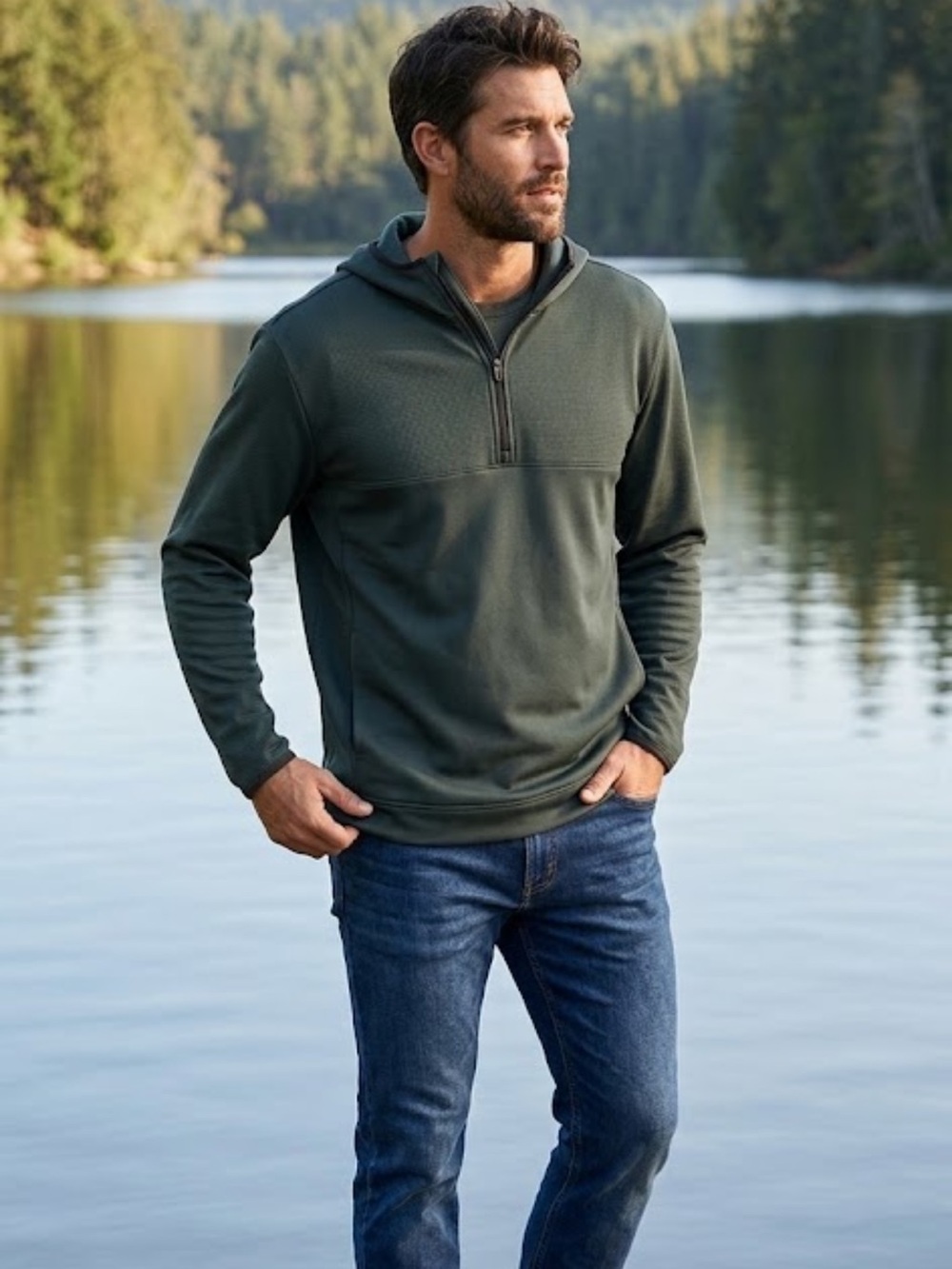 Men's Hooded Half-Zip Performance Jacket - Dark green xxl nwt